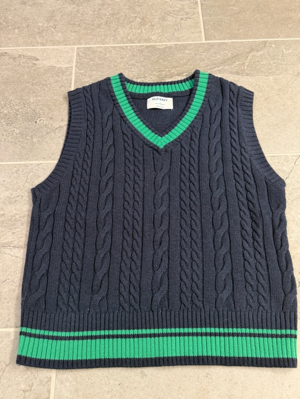 Old Navy Navy Cable-Knit V-Neck Sweater Vest with Green Trim